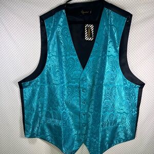 DiBanGu 3XL Men’s Waistcoat Teal Paisley Suit Tuxedo Dress Vest Bow Tie 4 Piece